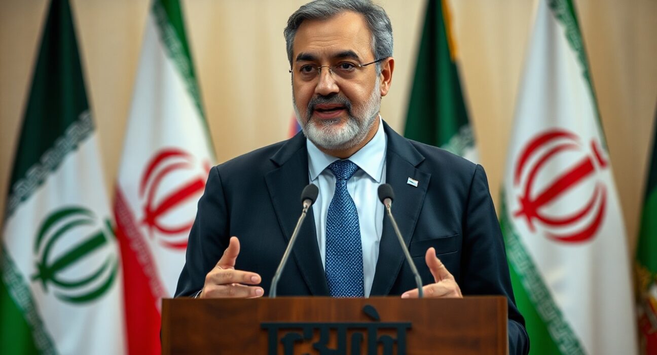 Iranian Foreign Minister Abbas Araghchi at a press conference, warning of military response to threats.