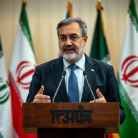 Iranian Foreign Minister Abbas Araghchi at a press conference, warning of military response to threats.
