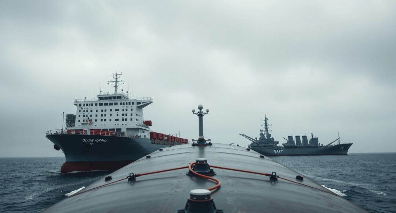 Iranian oil tanker in the Strait of Hormuz with US Navy warship in background