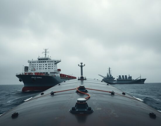 Iranian oil tanker in the Strait of Hormuz with US Navy warship in background