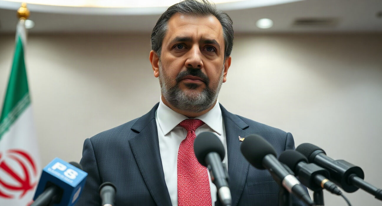 Iranian Foreign Minister Abbas Araghchi speaking at a press conference, with microphones in front.