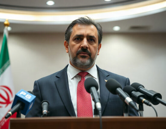 Iranian Foreign Minister Abbas Araghchi speaking at a press conference, with microphones in front.