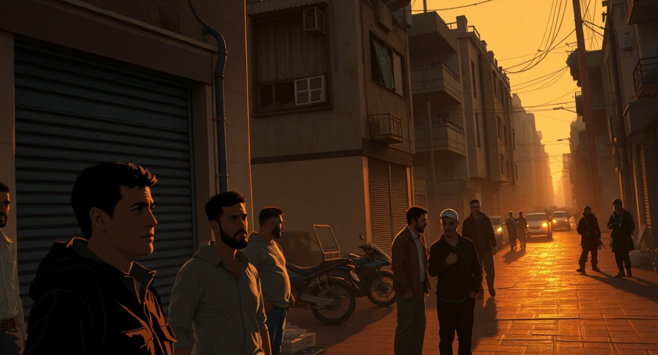 Illustration depicting the serious context of human shield allegations in Middle Eastern conflict zones