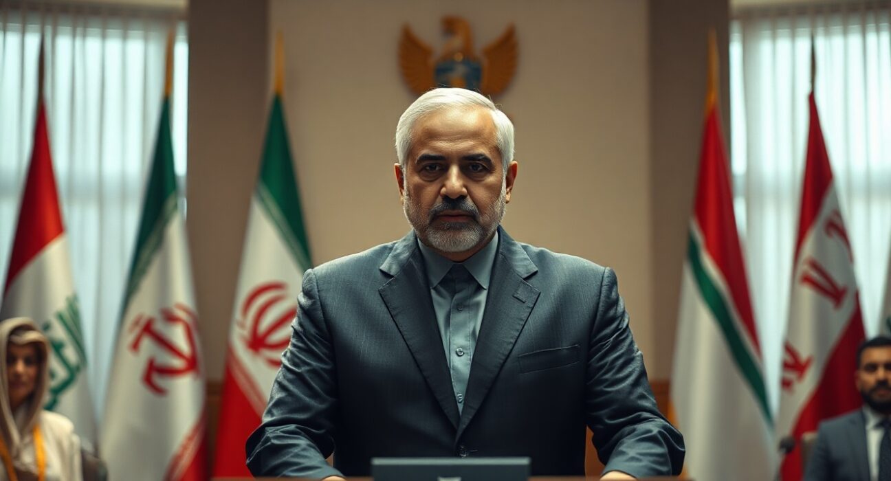Iranian official Abbas Araghchi speaking at a podium with Gulf state flags in background