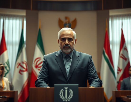 Iranian official Abbas Araghchi speaking at a podium with Gulf state flags in background