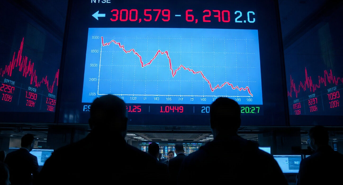 Stock market board showing red numbers and declining graph after Iran attack