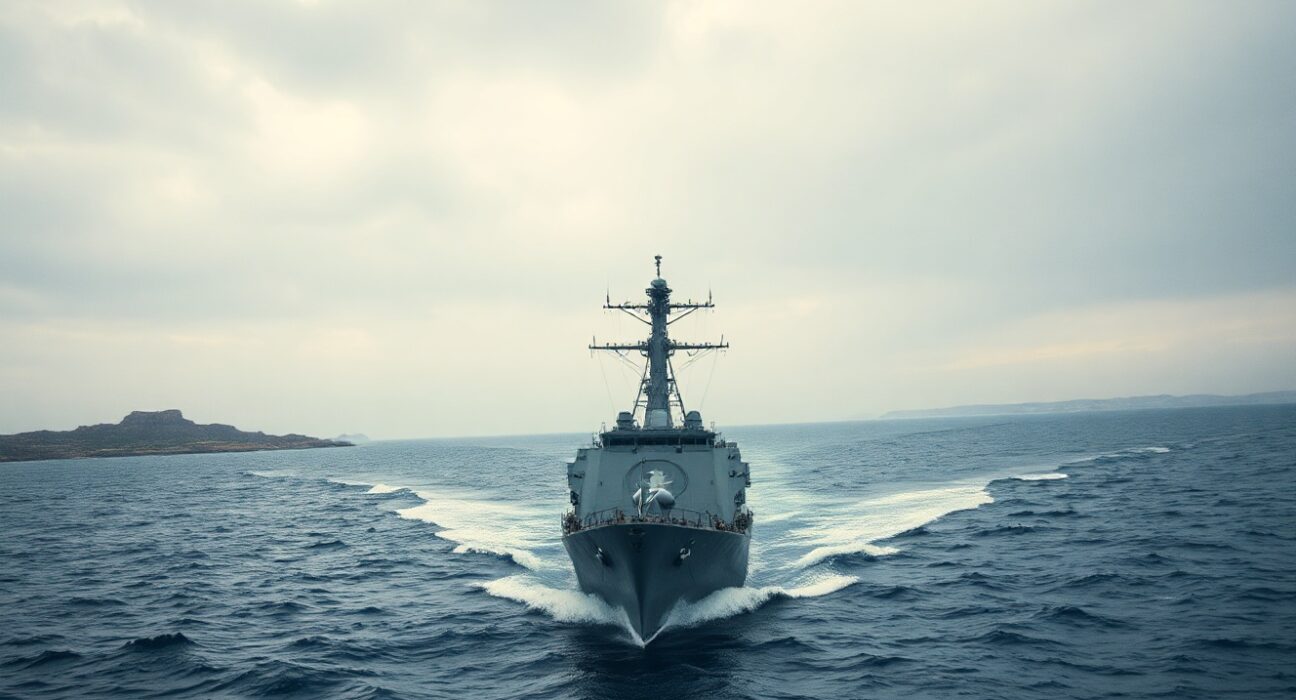 U.S. Navy destroyer sailing through the Strait of Hormuz under overcast sky