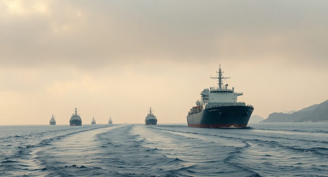 Oil tanker and military vessels in the Strait of Hormuz under overcast sky