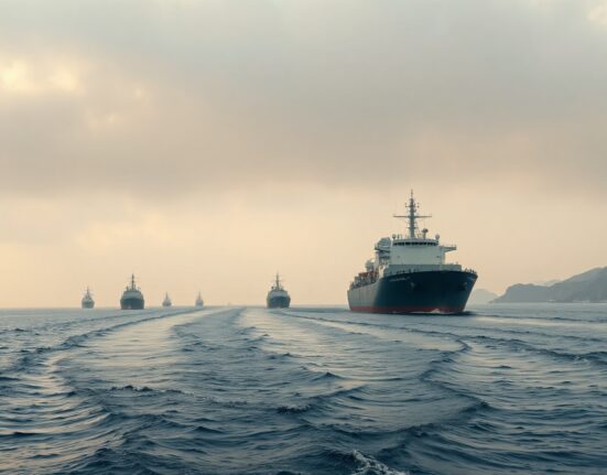 Oil tanker and military vessels in the Strait of Hormuz under overcast sky