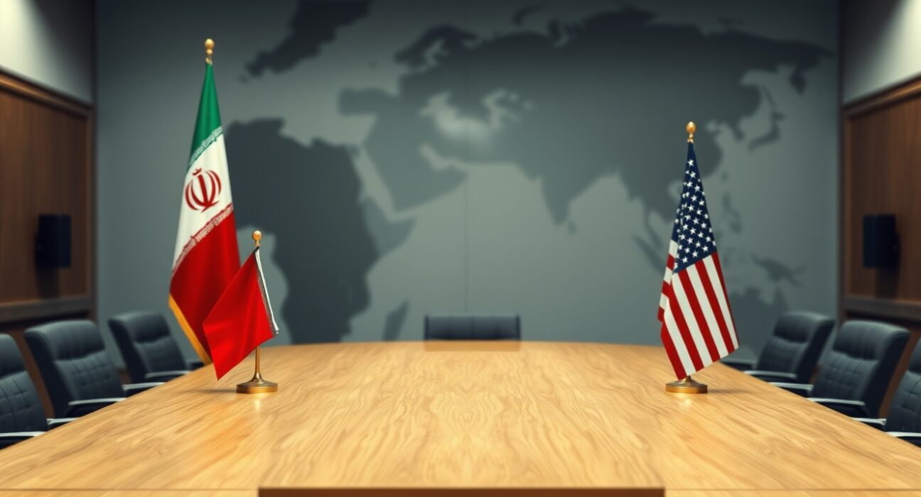 Diplomatic negotiation table with Iranian and American flags, representing stalled nuclear talks.