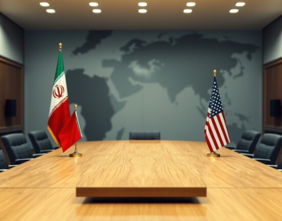 Diplomatic negotiation table with Iranian and American flags, representing stalled nuclear talks.