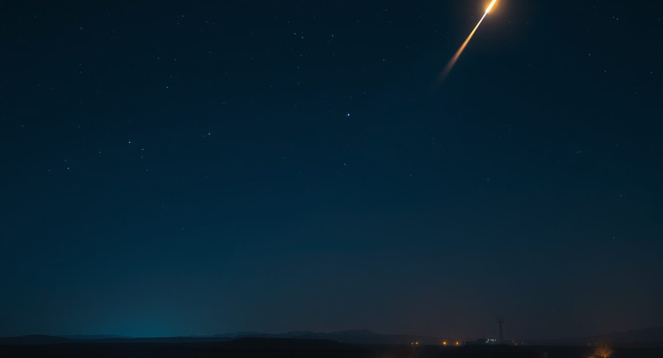 Night scene of a military base in the Middle East with an interceptor missile streaking into the sky