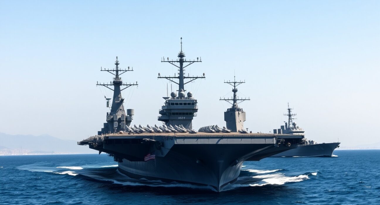 US Navy aircraft carrier patrolling Strait of Hormuz enforcing Iran blockade for navigation freedom restoration.