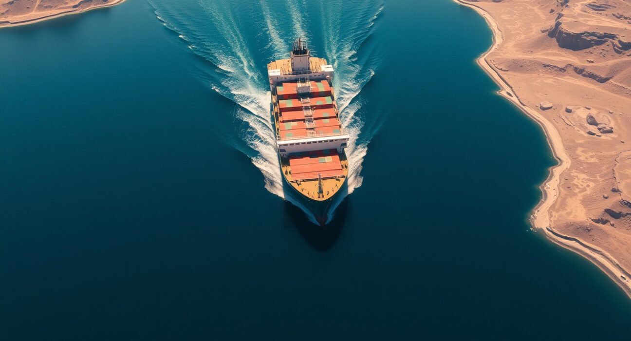 Container ship navigating the strategic Strait of Hormuz amid Iran's new shipping restrictions.