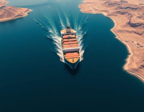 Container ship navigating the strategic Strait of Hormuz amid Iran's new shipping restrictions.