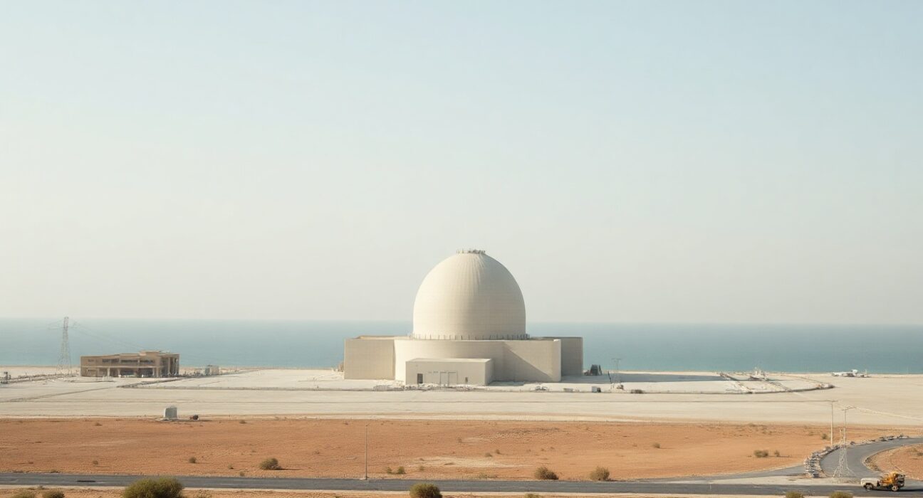 Bushehr nuclear power plant in Iran with cooling towers and dome, viewed from a distance on a clear day.