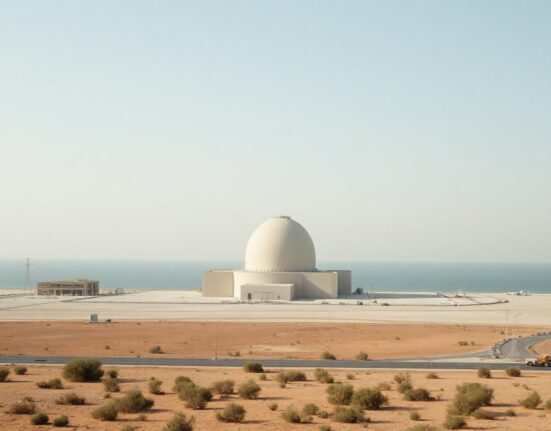 Bushehr nuclear power plant in Iran with cooling towers and dome, viewed from a distance on a clear day.