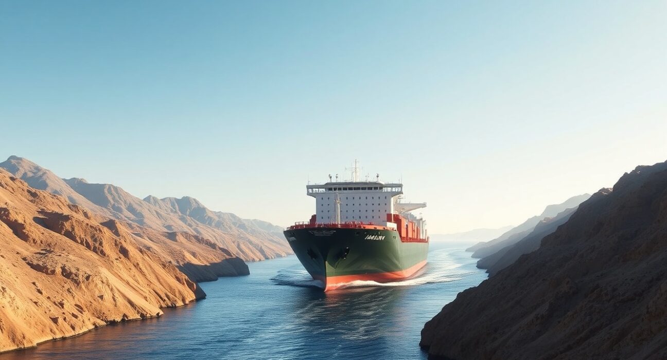 Iranian cargo ship transiting the Strait of Hormuz, defying a US naval blockade.