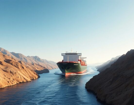 Iranian cargo ship transiting the Strait of Hormuz, defying a US naval blockade.