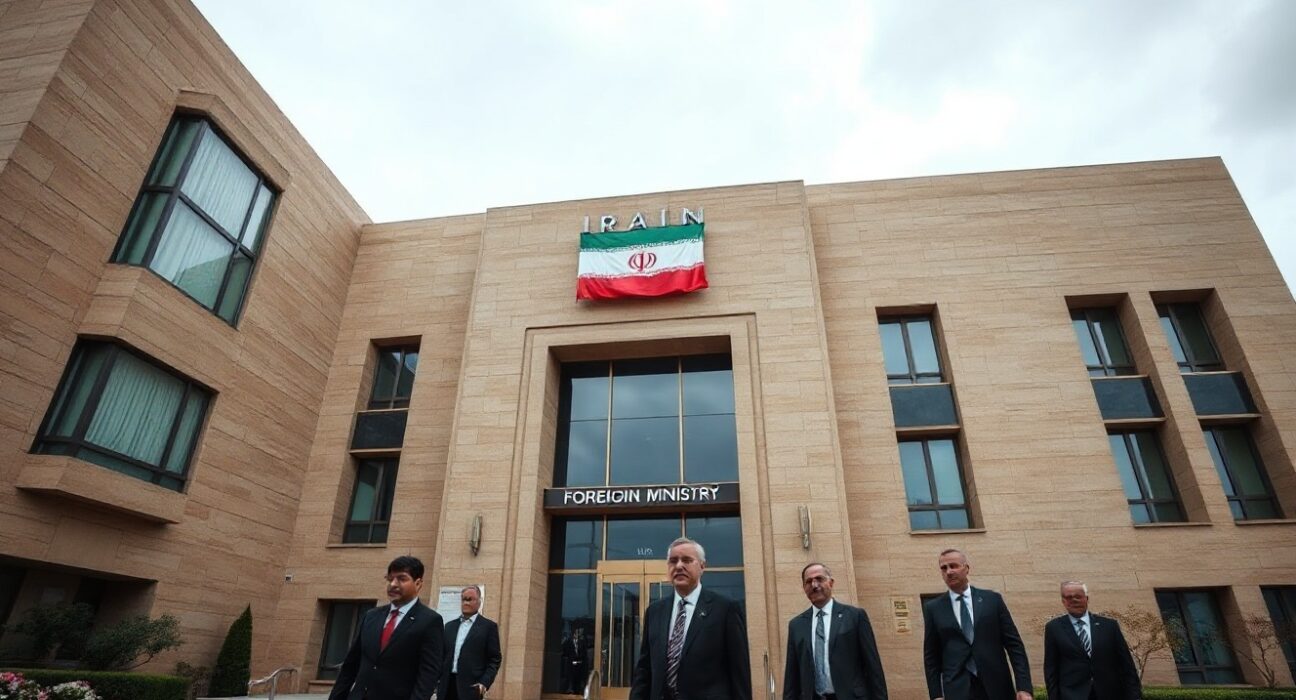 Exterior of the Iranian Foreign Ministry building in Tehran on a cloudy day, with diplomats walking toward the entrance.