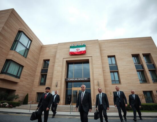 Exterior of the Iranian Foreign Ministry building in Tehran on a cloudy day, with diplomats walking toward the entrance.