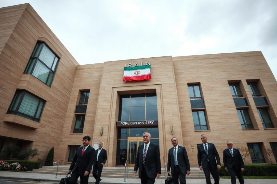Exterior of the Iranian Foreign Ministry building in Tehran on a cloudy day, with diplomats walking toward the entrance.