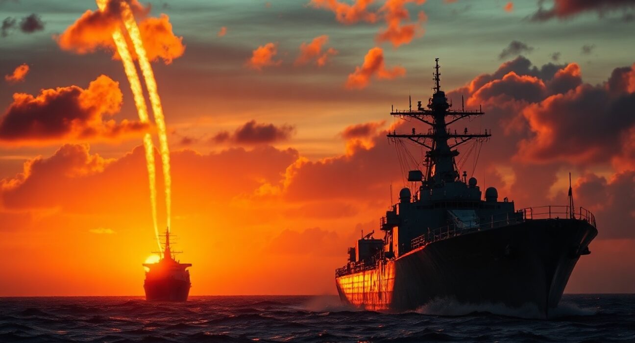 US Navy destroyer in the Strait of Hormuz at sunset with missile trails and smoke from a tanker.