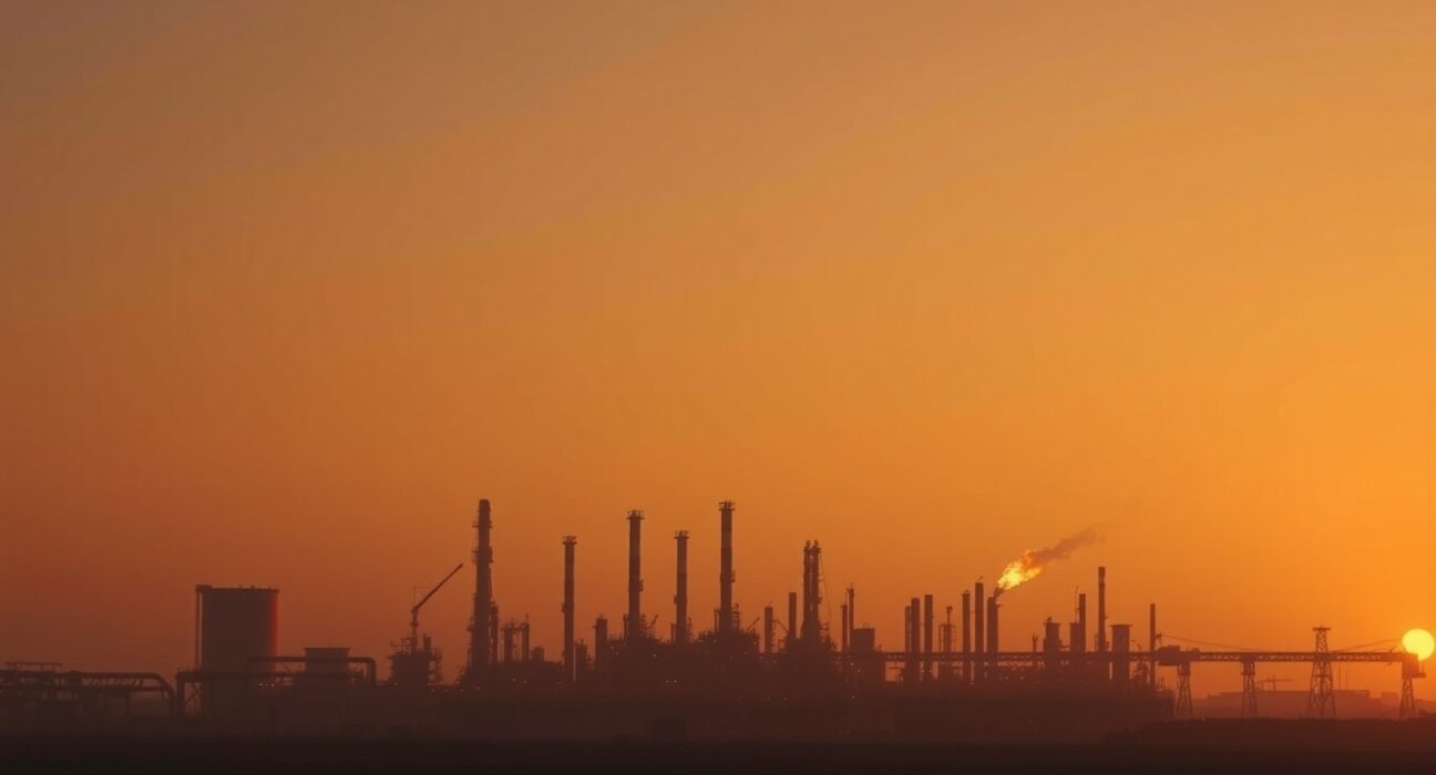 Oil refinery complex at dusk with flare stack burning, symbolizing energy supply uncertainty