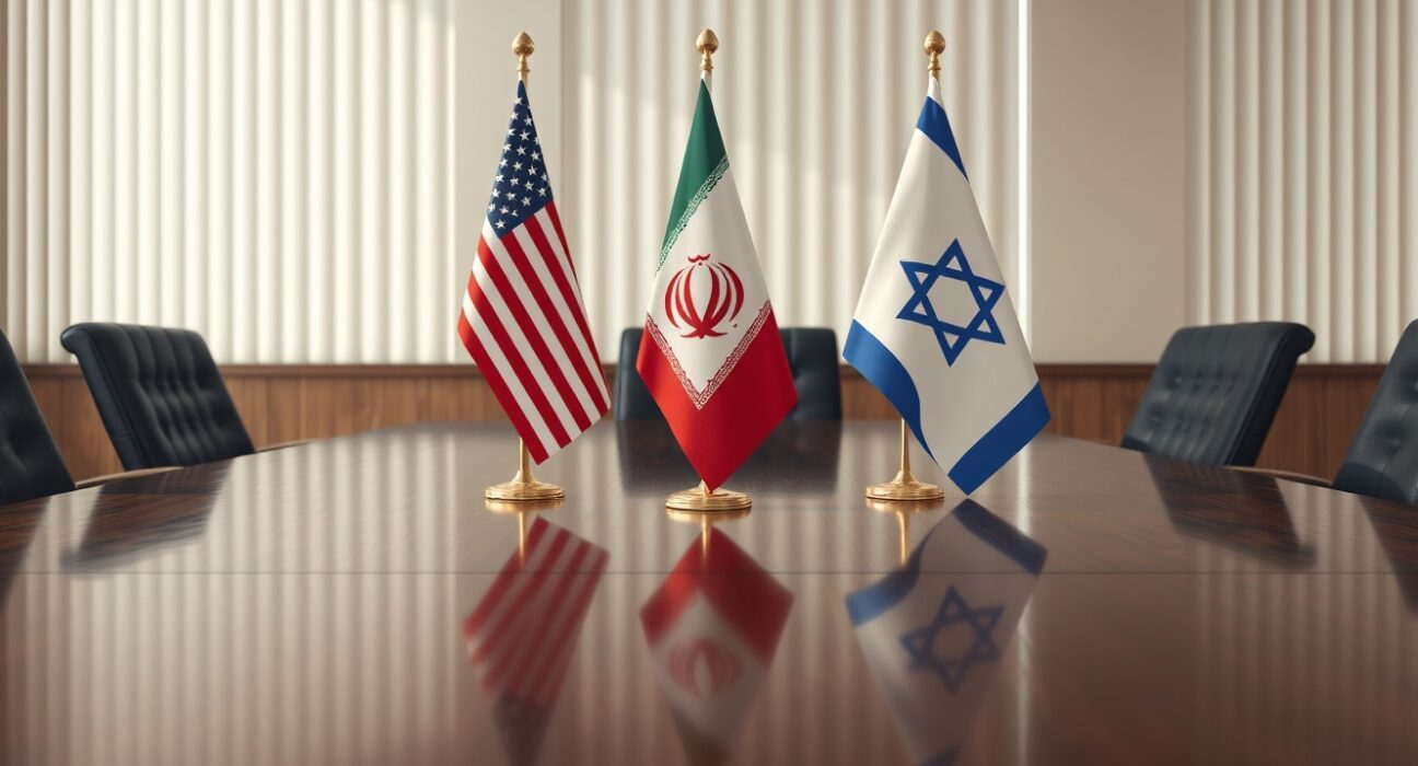 Symbolic representation of the Iran US Israel ceasefire agreement with national flags on a negotiation table.
