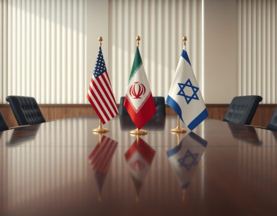 Symbolic representation of the Iran US Israel ceasefire agreement with national flags on a negotiation table.