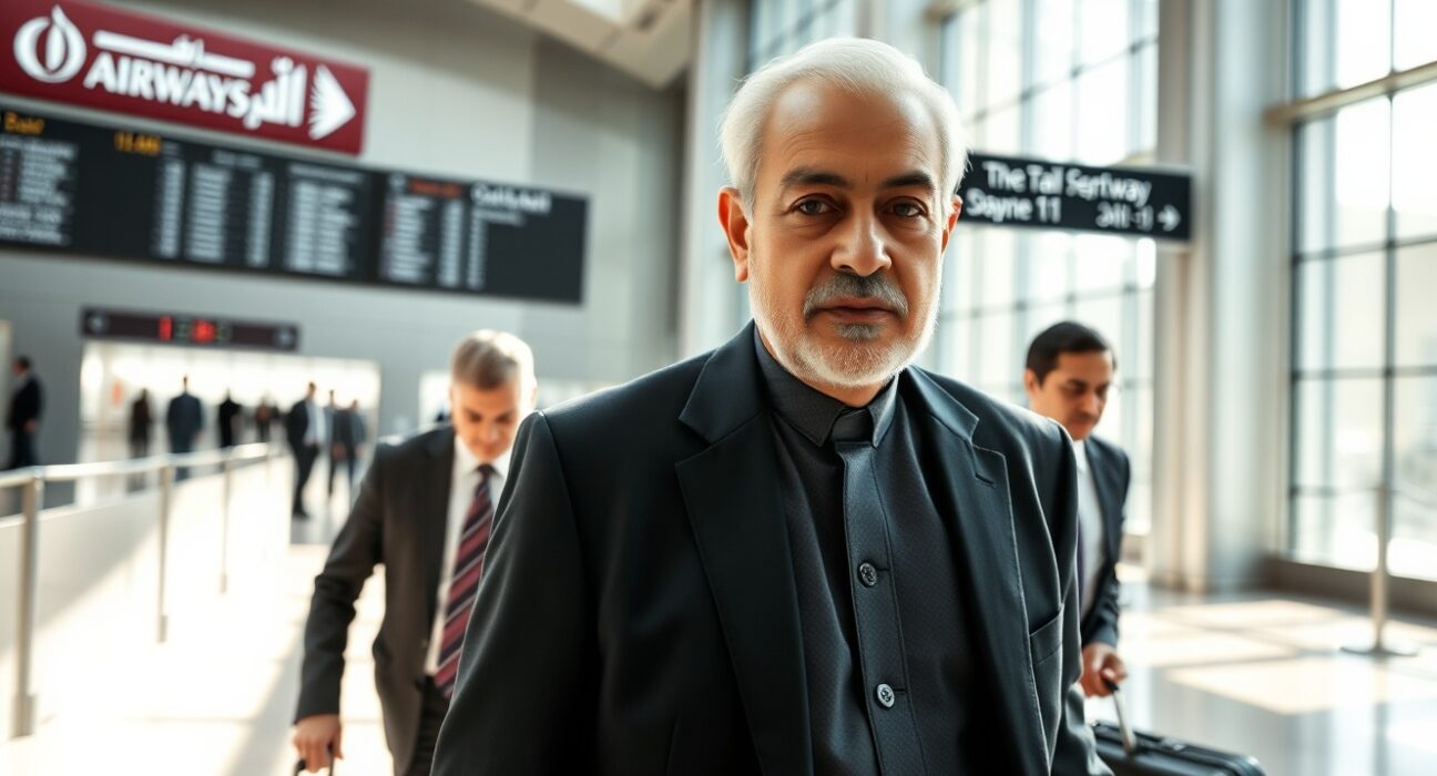 Iranian central bank governor walking through Doha airport with aides for frozen funds negotiations