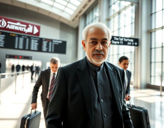 Iranian central bank governor walking through Doha airport with aides for frozen funds negotiations