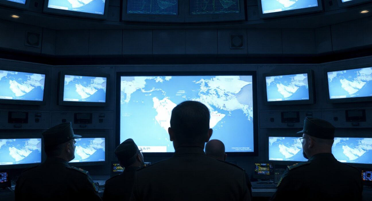 Iranian military command center with officers monitoring naval activity in the Strait of Hormuz.