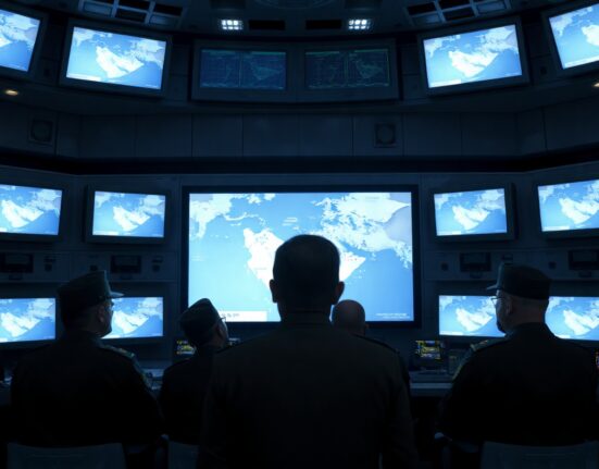 Iranian military command center with officers monitoring naval activity in the Strait of Hormuz.