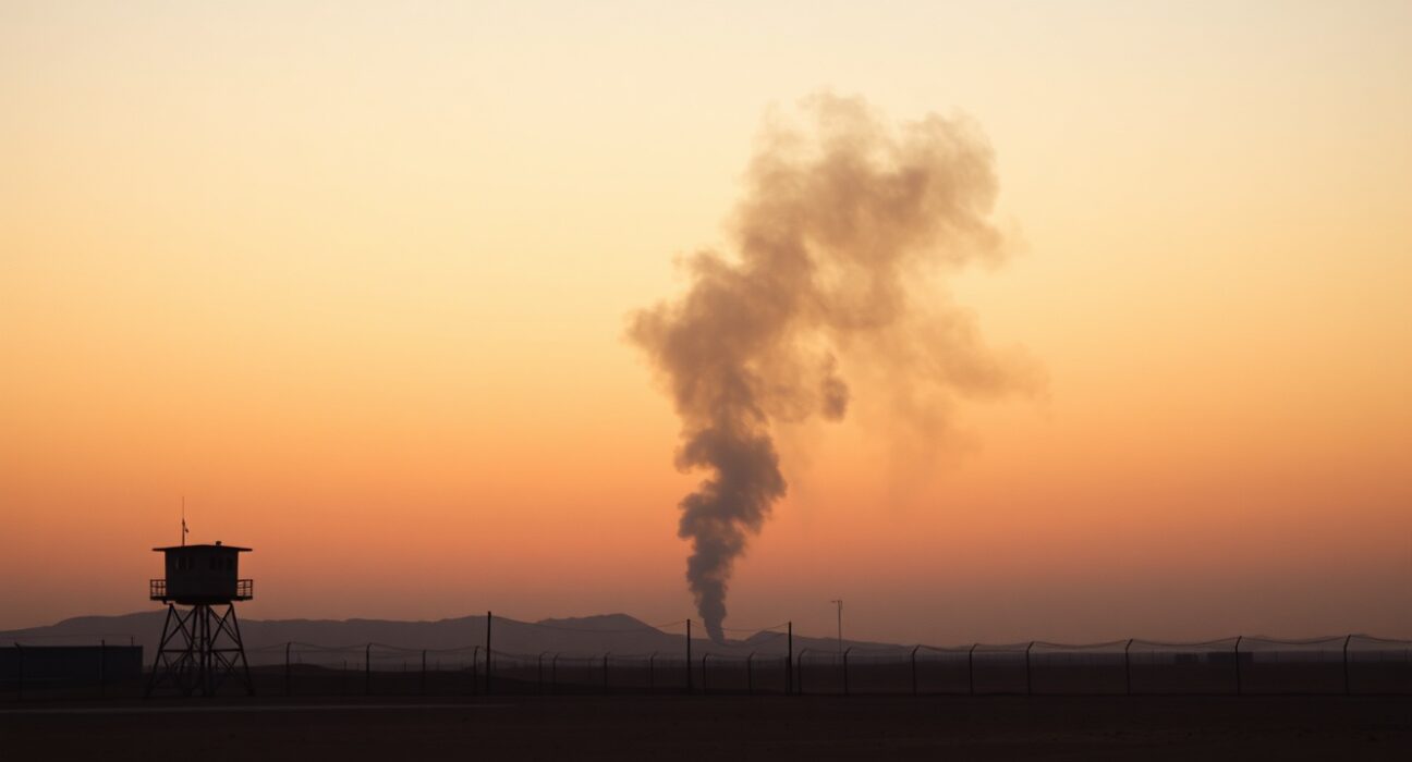 Smoke rising over a desert military base in Kuwait at dusk