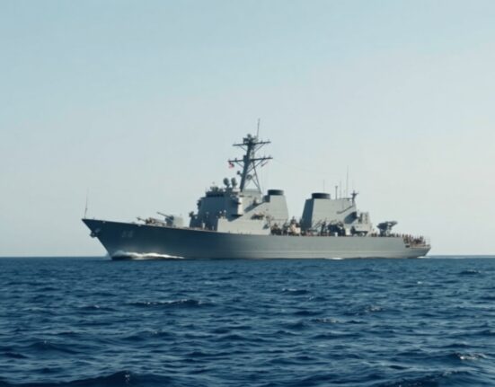US Navy command ship sailing in the Gulf of Oman