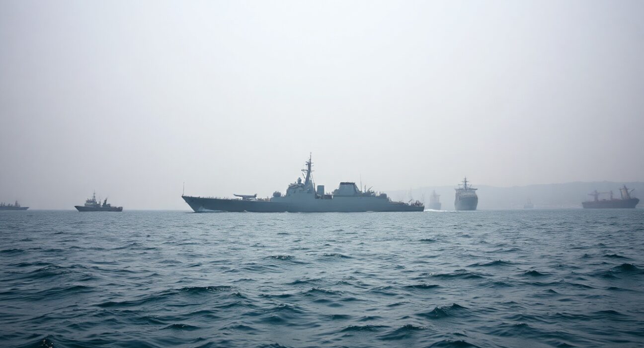 Iranian naval vessels block the Strait of Hormuz under overcast sky, tankers in distance.