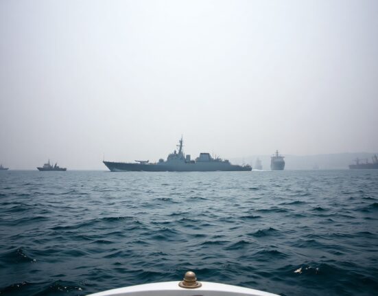 Iranian naval vessels block the Strait of Hormuz under overcast sky, tankers in distance.