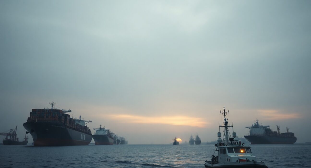 Iranian patrol boat halting oil tankers in the Strait of Hormuz at dawn, signaling maritime blockade.