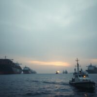 Iranian patrol boat halting oil tankers in the Strait of Hormuz at dawn, signaling maritime blockade.