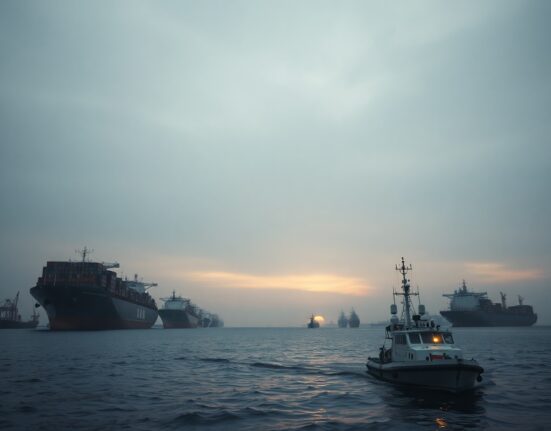 Iranian patrol boat halting oil tankers in the Strait of Hormuz at dawn, signaling maritime blockade.
