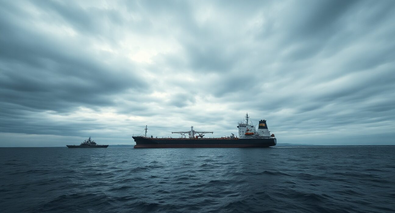 Oil tanker stopped in Strait of Hormuz under overcast sky with naval vessel in background