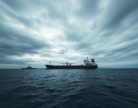 Oil tanker stopped in Strait of Hormuz under overcast sky with naval vessel in background