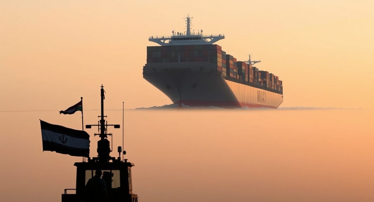 Iran collapse crisis: A container ship navigates the Strait of Hormuz at dawn with a patrol boat in the foreground.