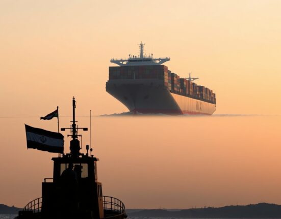 Iran collapse crisis: A container ship navigates the Strait of Hormuz at dawn with a patrol boat in the foreground.