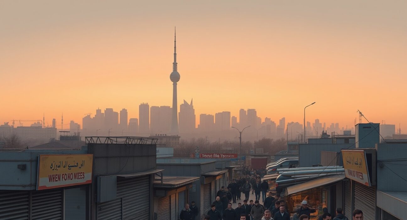 Tehran skyline at dusk with quiet street market symbolizing Iran's economic collapse, related to Trump's statement on Iran's state of collapse.