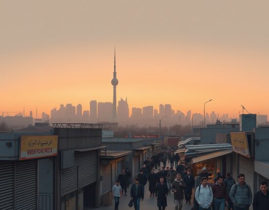 Tehran skyline at dusk with quiet street market symbolizing Iran's economic collapse, related to Trump's statement on Iran's state of collapse.