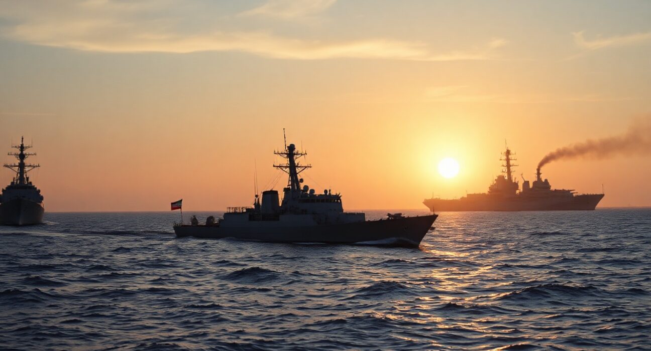Iranian naval vessel patrols the Strait of Hormuz as US warship is seen in the distance after airstrikes