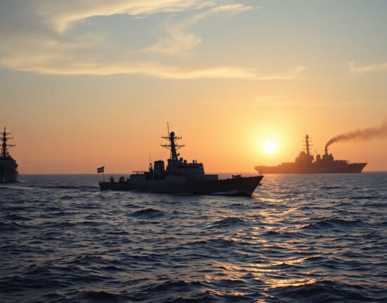 Iranian naval vessel patrols the Strait of Hormuz as US warship is seen in the distance after airstrikes