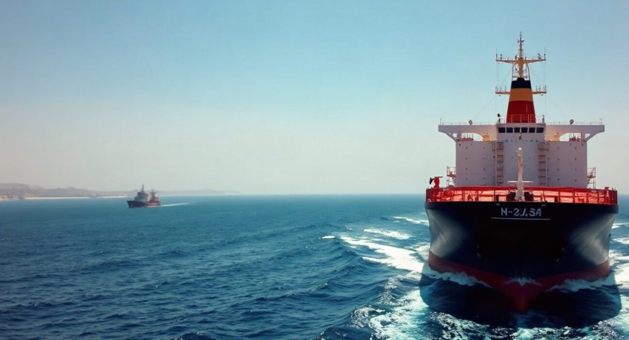 Oil tanker navigating the Strait of Hormuz with coastline in background